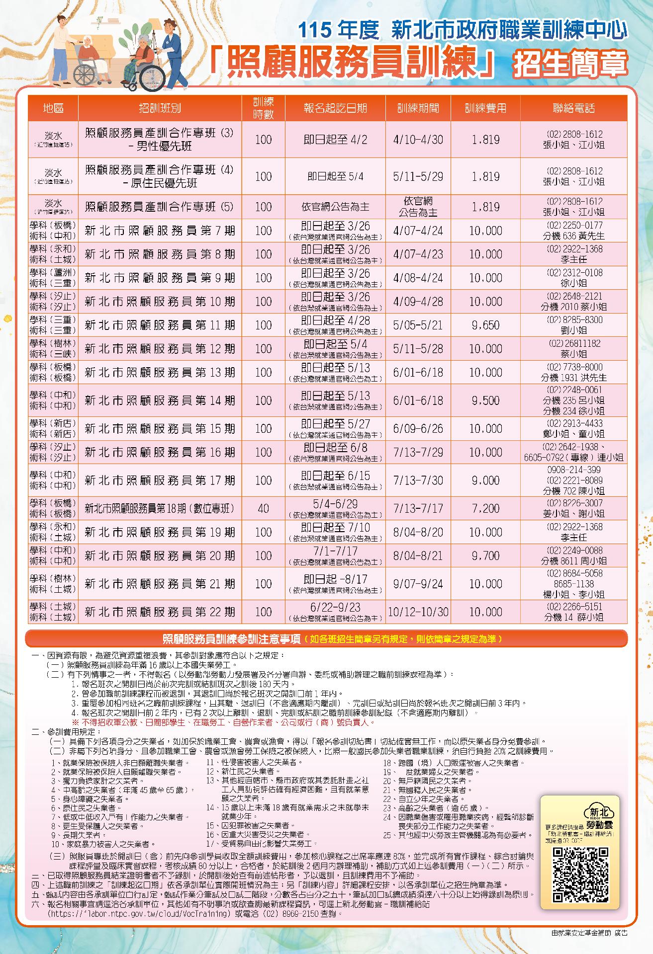 新北市政府職訓中心-115招生海報-照顧服務員訓練
