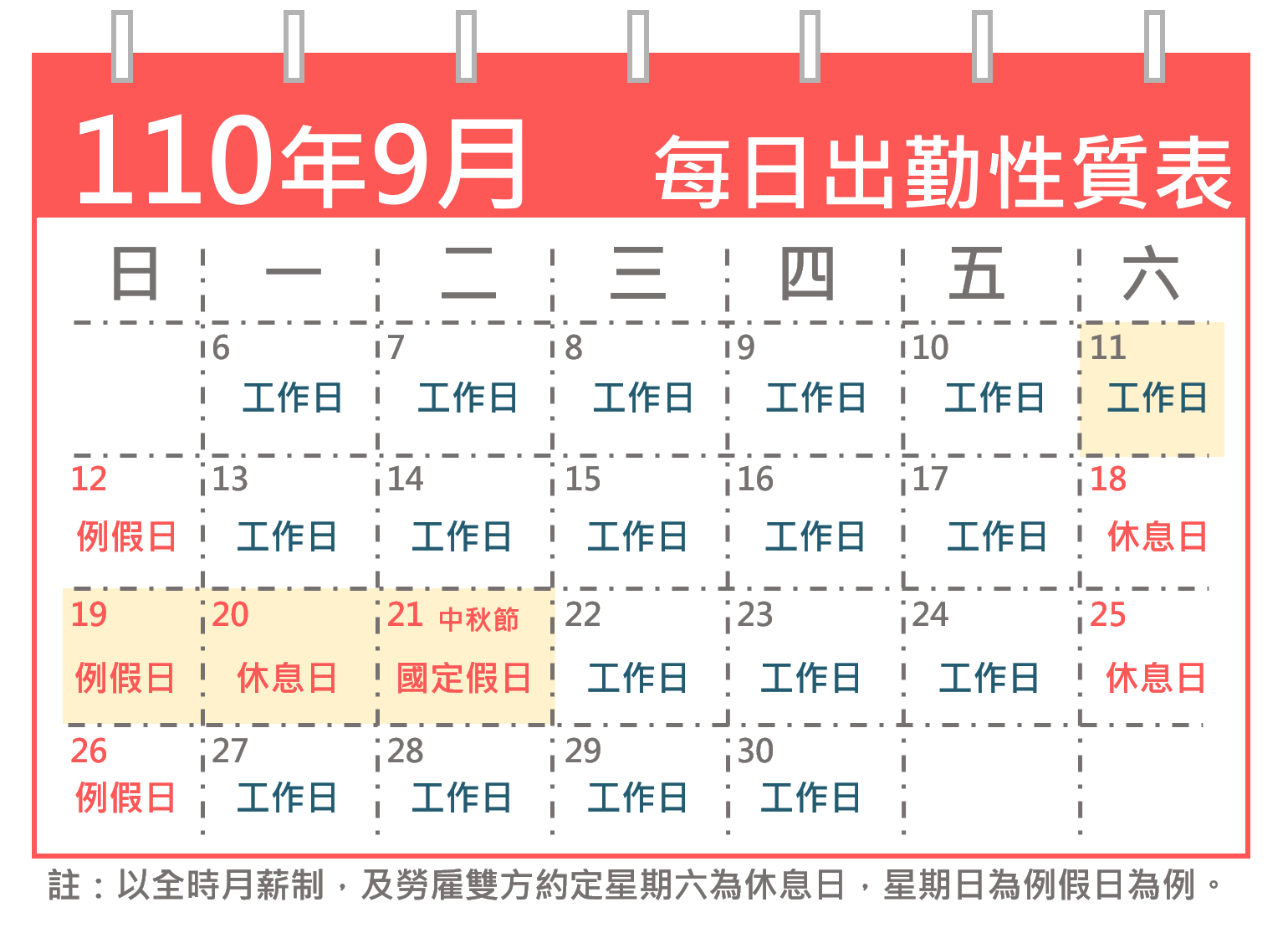 110年9月每日出勤性質表