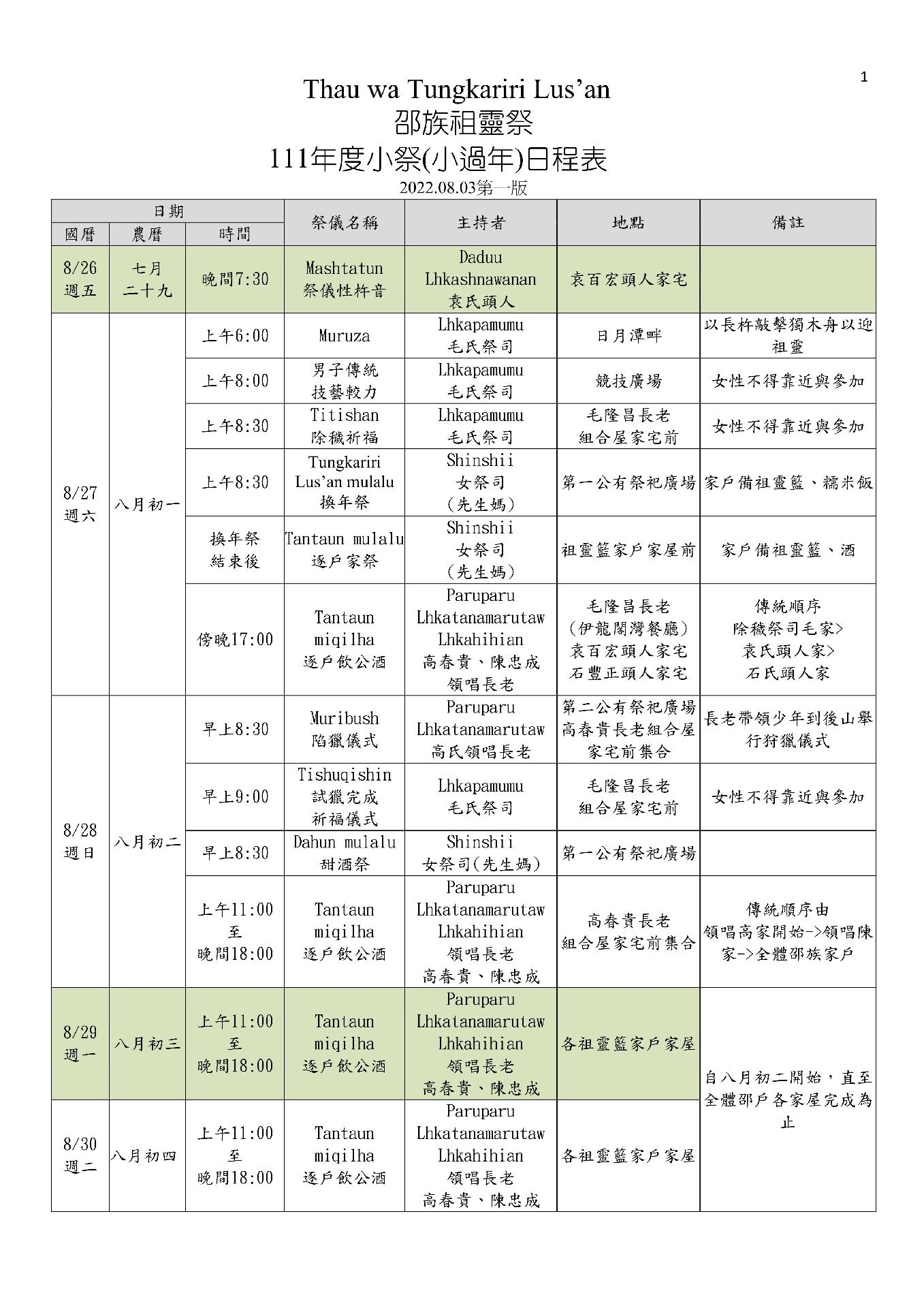 邵族祖靈祭111年度小祭_小過年_日程表