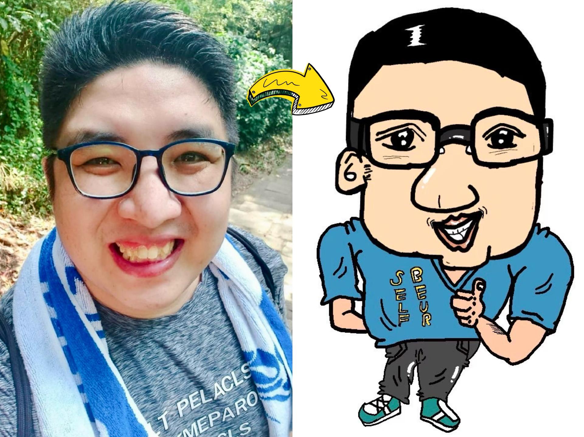 就服員關勝謙真人與Q版畫的比對圖